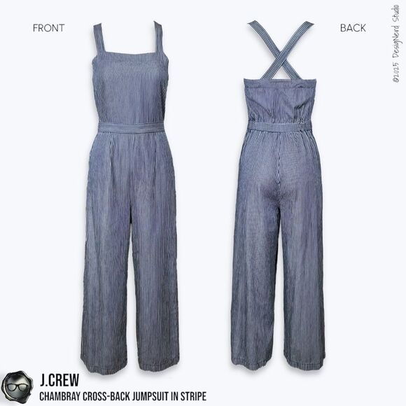 J.CREW CHAMBRAY CROSS-BACK OVERALL JUMPSUIT IN INDIGO RAILROAD STRIPE WIDE LEG - Picture 2 of 12